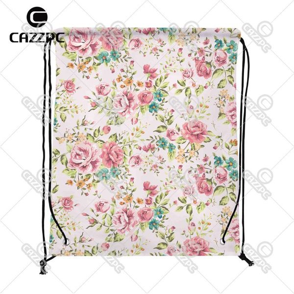 

shopping bags pink vintage flower rose shivering print custom individual nylon fabric drawstring backpack gift bag pack of 4