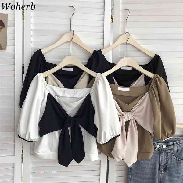 

sweet bow bandage shirt korean women square collar blouse summer puff sleeve crop fashion short blusas mujer 210519, White