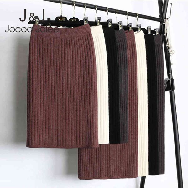 

jocoo jolee elastic band women skirts autumn winter warm knitted straight skirt ribbed mid-long skirt black bodycon split skirt 210518