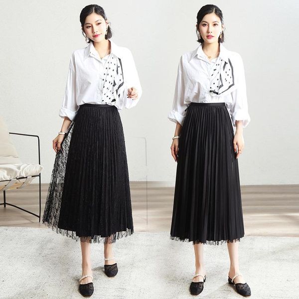 

skirts two sides wear lace skirt 2021 spring and autumn women's high waist in the long pleated fairy, Black