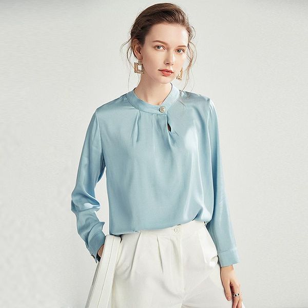 

women's blouses & shirts silk blouse women shirt casaual style 93% solid 2 colors o neck long sleeves loose elegant fashion, White
