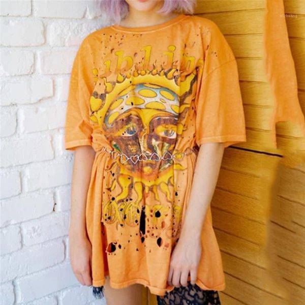 

women's t-shirt sun print retro design oversized woman tshirts cool streetwear yellow t shirt summer tee o-neck loose korean style clo, White