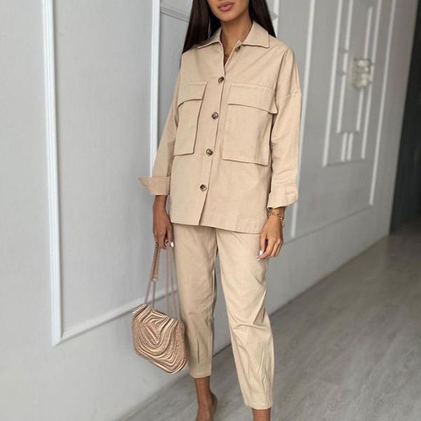 

women's two piece pants fashion safari style suits women elegant single breasted loose blouse suit solid pockets ankle length pant ladi, White