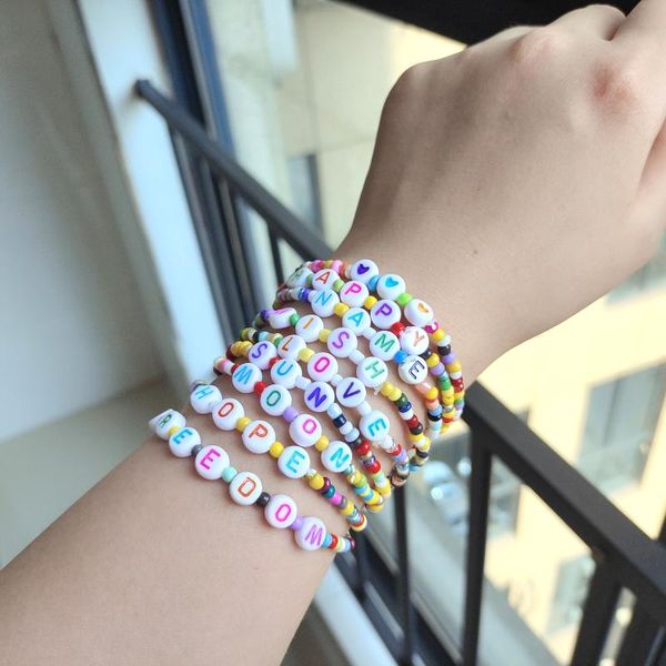 

beaded, strands dvacaman bohemian rainbow beaded letter bracelets for women girls fashion colorful beads name charm diy jewelry summer, Black