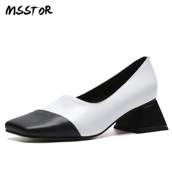 

dress shoes msstor mixed colors strange style women pumps fashion concise genuine leather woman 2021 spring square toe ladies, Black