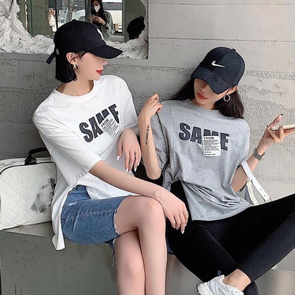 

women's t-shirt letter printed split women fashion simple o-neck t-shirts casual loose short-sleeved tees ladies summer 2021, White