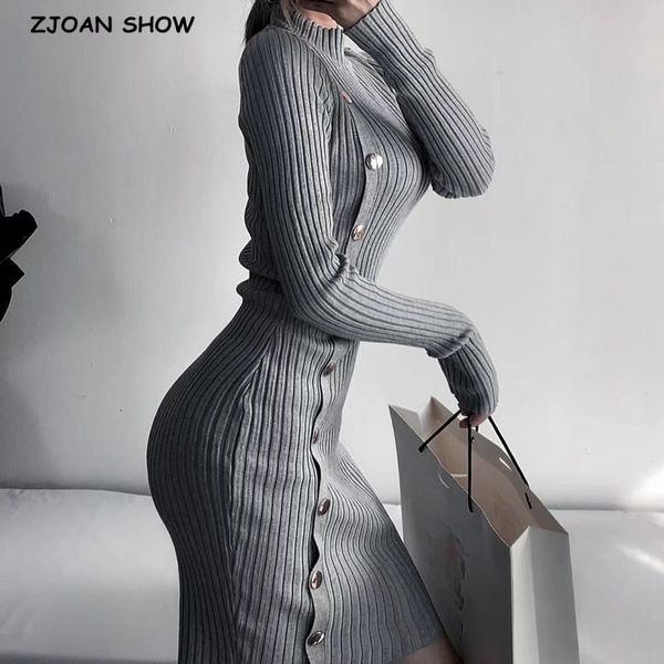 

vintage rib knitting bodycon mid-calf dress retro women side buttons stand color stretch split long sleeve dresses casual, Black;gray