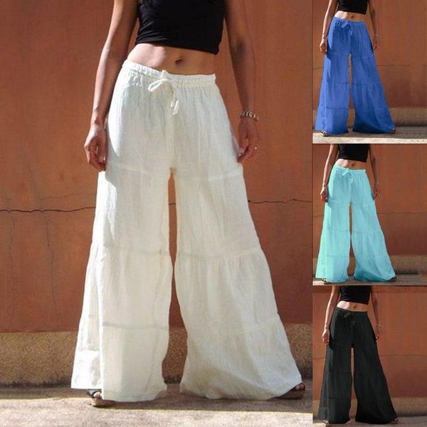 

women's pants & capris lugentolo loose wide leg women summer plus size mid waist lace up solid color womens bottom, Black;white