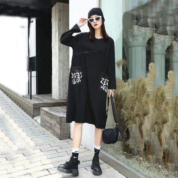 

casual dresses superaen 2021 autumn design pocket slim full o neck black straight loose women, Black;gray
