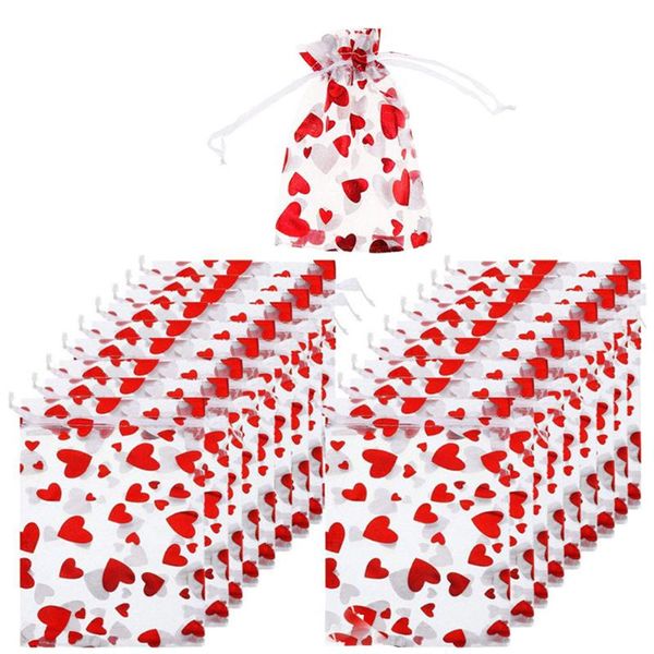 

gift wrap organza bag heart jewelry pouches wedding favor storage bags with drawstring for party festival 100pcs