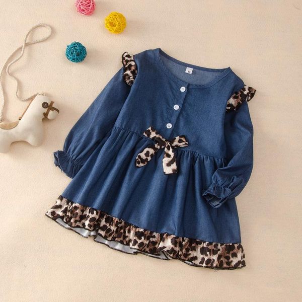 

girl's dresses girls denim dress automn party with bow children leopard long sleeve casual clothing baby girl kids fashion outfit, Red;yellow