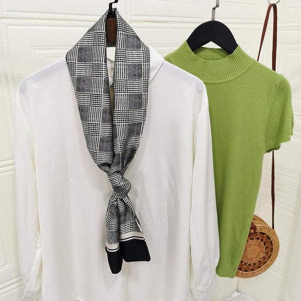 

scarves 20 styles women scarf small narrow 14*145cm long skinny neck hair silk fashion print bag ribbons headscarf, Blue;gray