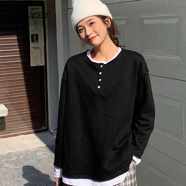 

sweatshirts solid o-neck pullovers woman korea longsleeve button sweatshirts women's casual plus cashmere winter hoodies women, Black