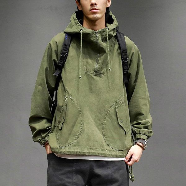 

men's jackets fashion letter print casual hooded jacket street style loose multi pocket pullover charging toolingcoat, Black;brown