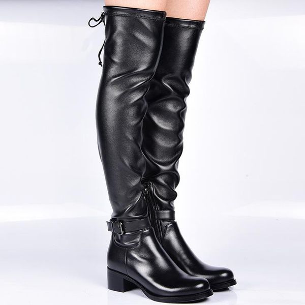 

boots female black leather buckled thigh suede over the knee chunky heels long side zip bottine knight