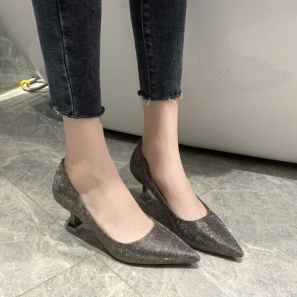 

dress shoes women heels 2021 fashion silver bling wedding party pumps stiletto 6 cm pointed toe high for ladies, Black