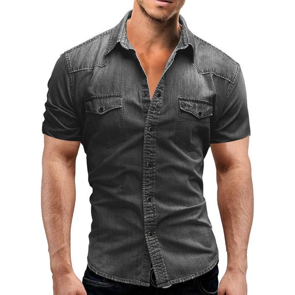 

men's casual shirts 2021 summer men denim mens short sleeve cotton man loose slight elastic jeans male cowboy clothing - xxxl, White;black