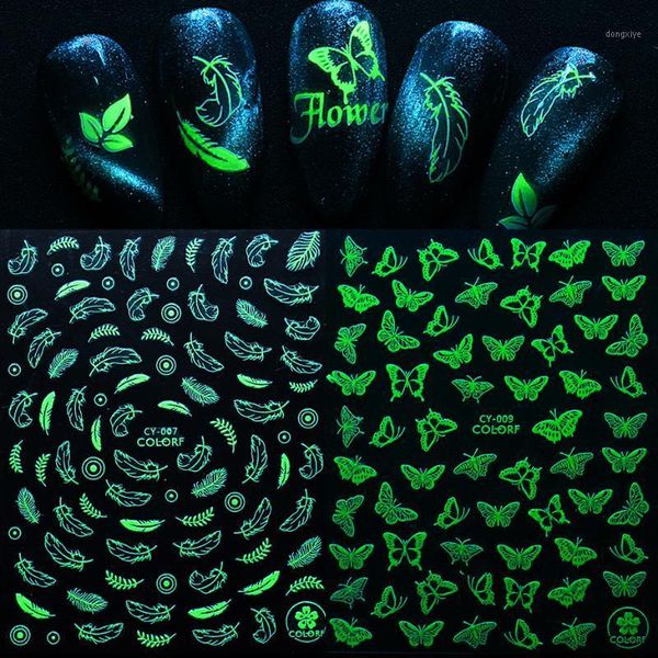 

1pcs luminous effect 3d stickers for nails butterfly leaf flower green glow in dark decal sliders manicure tip lecy001-0091, Black