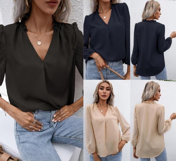 

women's autumn puff sleeve ladies v-neck long sleeve shirt, White