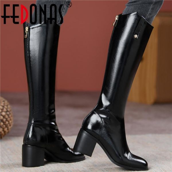 

boots fedonas concise rivet women knee high autumn winter full genuine leather mature thick heels pumps shoes woman, Black