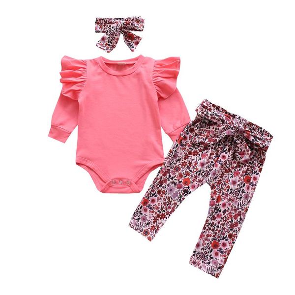

clothing sets infant baby girls round collar romper suit pink long sleeve pants two-pieces bodysuit autumn jumpsuits with bow headdress, White
