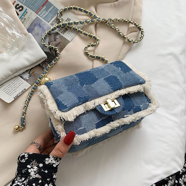 

denim mini crossbody shoulder bags for women 2021 summer fashion luxury ed trendy chain handbag and purses lattice pattern a3t38