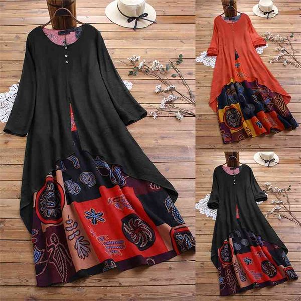 

2021 spring and autumn new fashion round neck skirt cotton hemp fake two long sleeve dress for women, Black;gray
