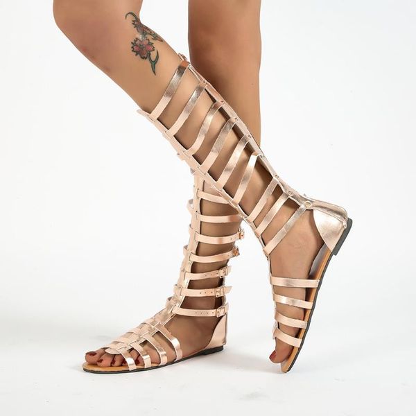 

sandals 2021 roman gladiator bandage women knee high flat sandalias botas bohemia fashion strap casual shoes, Black