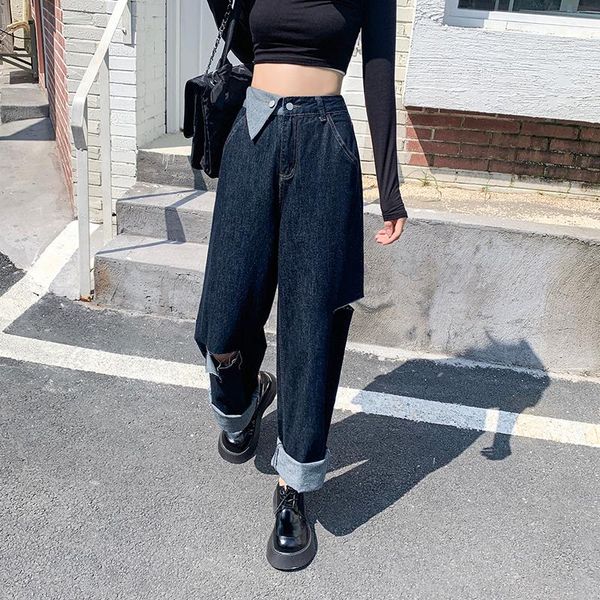 

women's jeans kong style autumn retro street asymmetric stitching broken, Blue