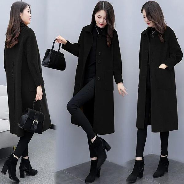 

women's wool & blends coat middle and long 2021 winter fashion korean autumn lantern sleeve loose woolen, Black