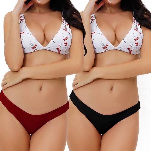 

one-piece suits 2 pieces bathing suit set female floral print bikini + solid color panties for summer red/black s/m/l