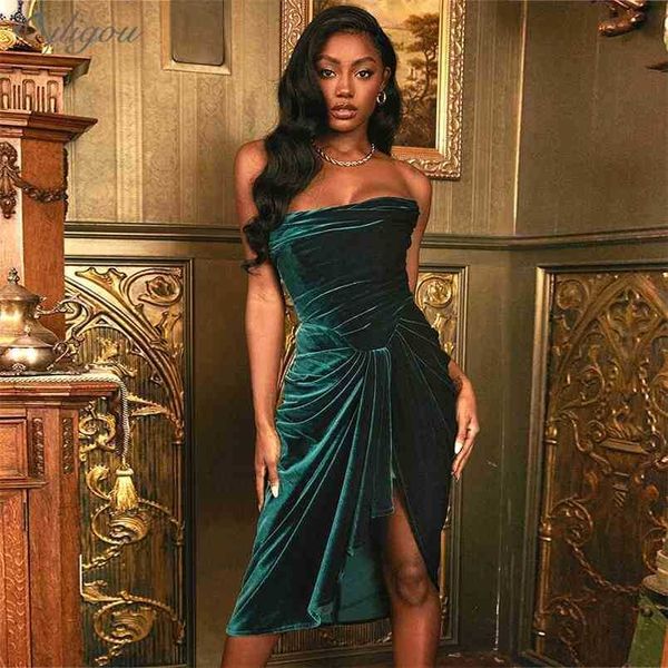 

ladies strapless party dresses for important occasions green draped tube velvet dress 210525, Black;gray