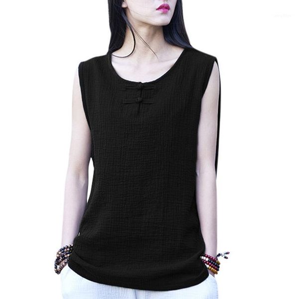 

retro streetwear women ethnic sleeveless cotton blouse frogs button o neck loose plus size vest casual tank regata feminina women's blo, White