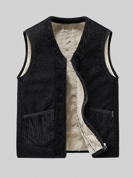 

men dual pocket teddy lined fleece vest jacket v6pd#, Black;brown