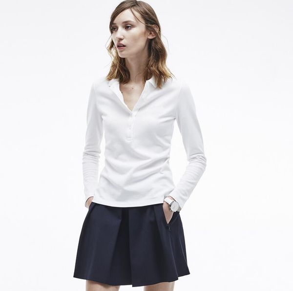 

2021 designer brands crocodile polo shirt for women size s to 2xl long sleeve lapel female business tshirt with high quality, White