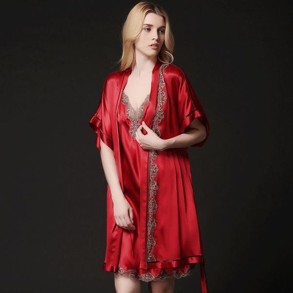 

ms. summer 100% silk embroidery dress gown suit women's sleepwear, Black;red