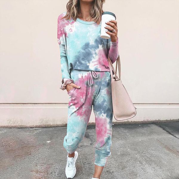

2 piece tie dye sweatpants womens sleepwears and hoodie set long sleeve pullover drawstring sets, Black;red