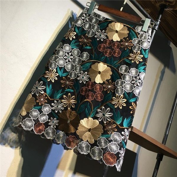 

women's skirt korean style a-line elegant vintage black botanical embroidered textured casual workwear skirts