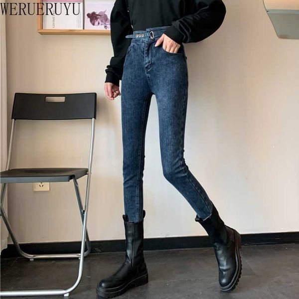 

werueruyu tight elastic jeans women's feet pants autumn winter vintage high waist denim trousers women 210608, Blue