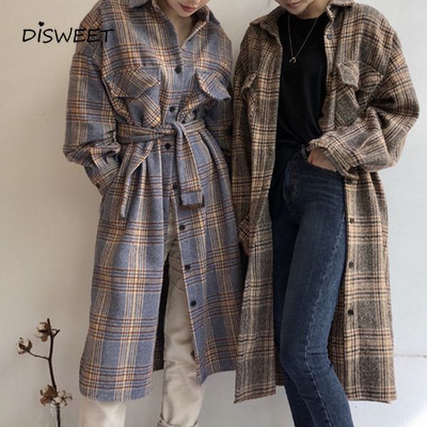 

pant plaid high waist woman fashion warm blended women's single-breasted woolen coat korea loose lapel belt blends ladies, Black;white