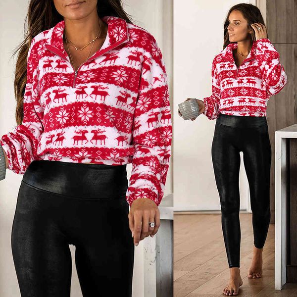 

2021 christmas deer print plush lapel loose long sleeve zipper sweater women, Black;red