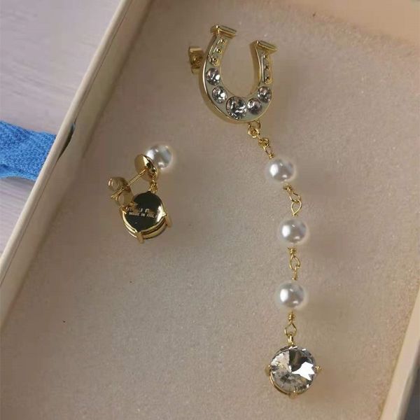 

special offer 70% off new earrings u letter horseshoe button advanced pearl diamond long asymmetric earrings, Golden;silver