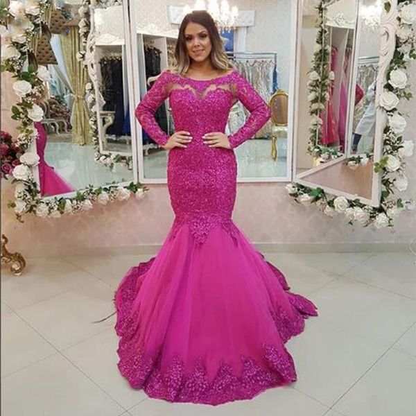 

fuchsia mermaid evening dresses boat neck long sleeves appliques lace women party gowns 2022 vestido de festa, Black;red
