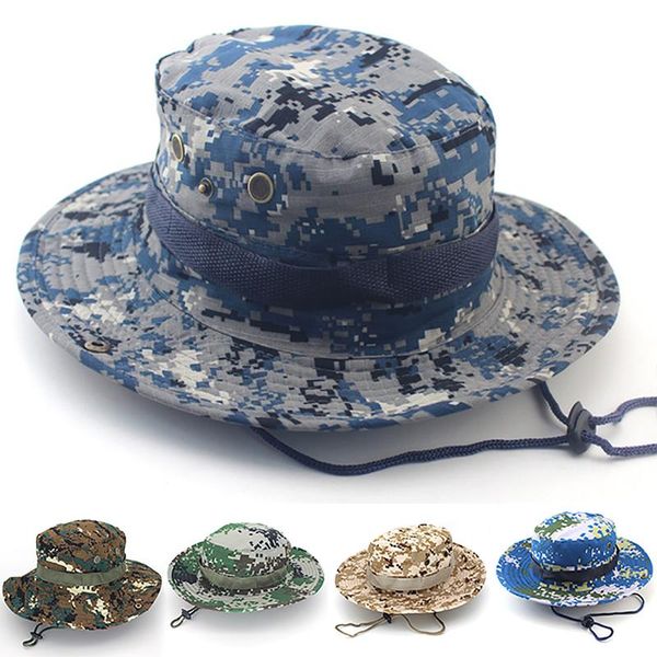 

wide brim hats adjustable sun breathable camouflage print boonie outdoor climbing fishing cap protection t7, Blue;gray