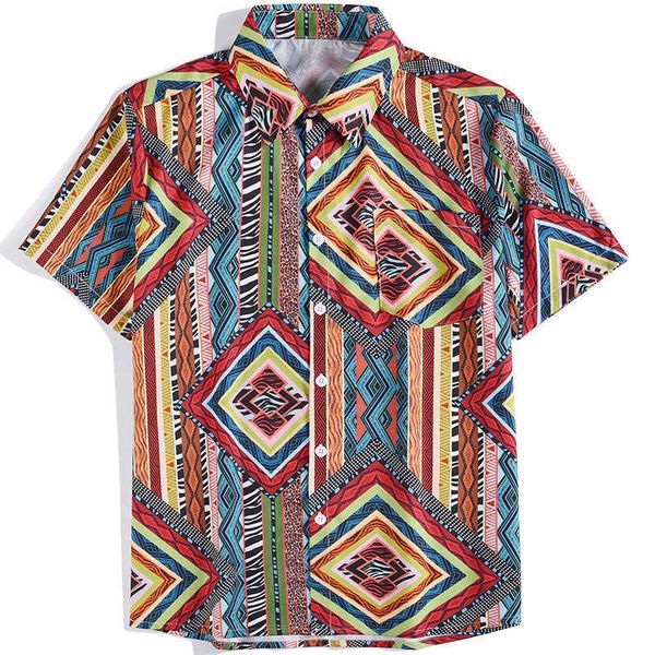 

mens hawaiian shirt colorful striped geometry pattern print casual beach loose light chest pocket short sleeve shirts 210527, White;black