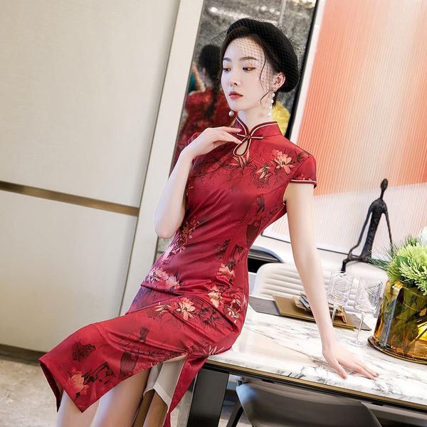 

ethnic clothing retro banquet dress, red, medium long sleeve, short cheongsam, fashion upgrade, flower skirt, spring 2021