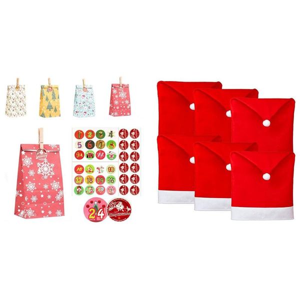 

gift wrap 1 set christmas kraft paper bag storage & 6 pcs chair covers santa hat