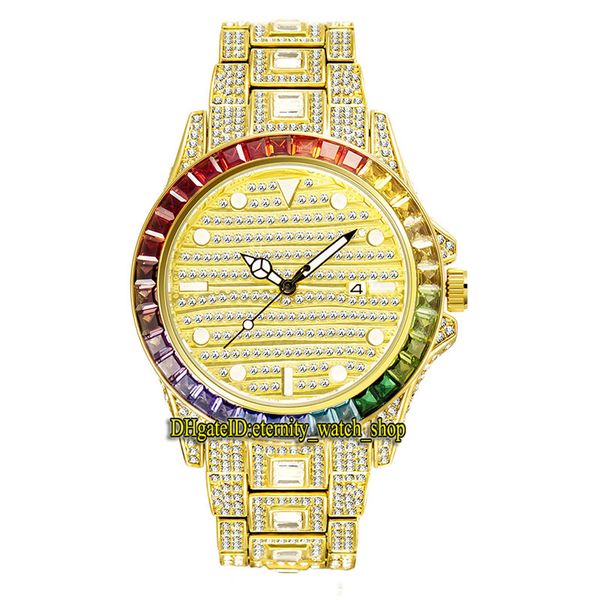 MISSFOX eternity V307 Hip Hop Mode Herrenuhren CZ Diamant Inlay Zifferblatt Quarzwerk Herrenuhr Iced Out Regenbogenfarbe Große Diamanten Lünette Legierungsgehäuse Goldarmband