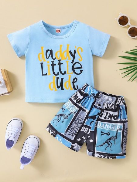 

baby letter graphic tee & dinosaur print shorts she01, White