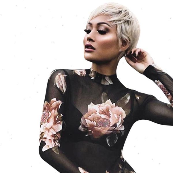 

women womens blouses blouse sheer mesh pink rose print long sleeve slim round neck transparent individuality tunics yj, White